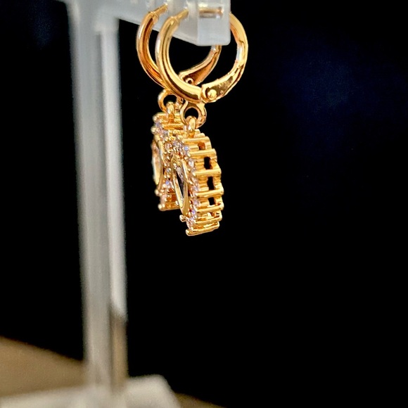 Gold CZ Heart Drop Earrings - Picture 2 of 4